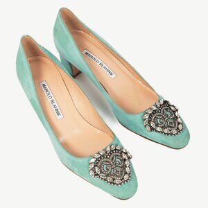 Manolo Blahnik Okkato Teal Crêpe De Chine Jewel Buckle Pumps